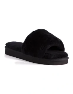 AUS WOOLI UGG WOMEN SHEEPSKIN FLUFF SLIDE Black